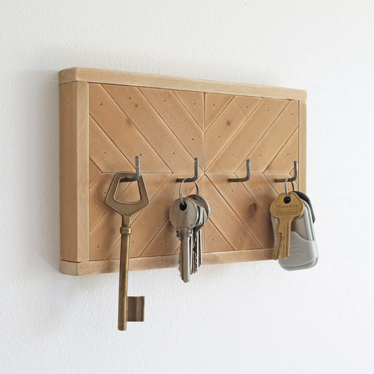 Porte clés rustique moderne en bois brut | 4 crochets