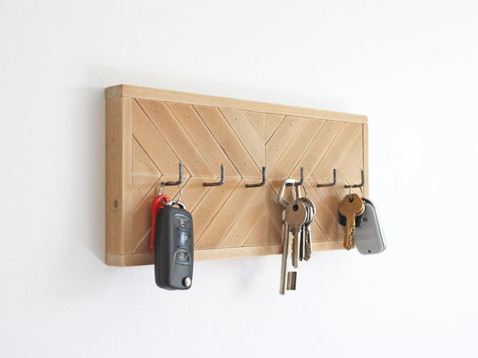 Porte clés rustique moderne en bois brut | 6 crochets