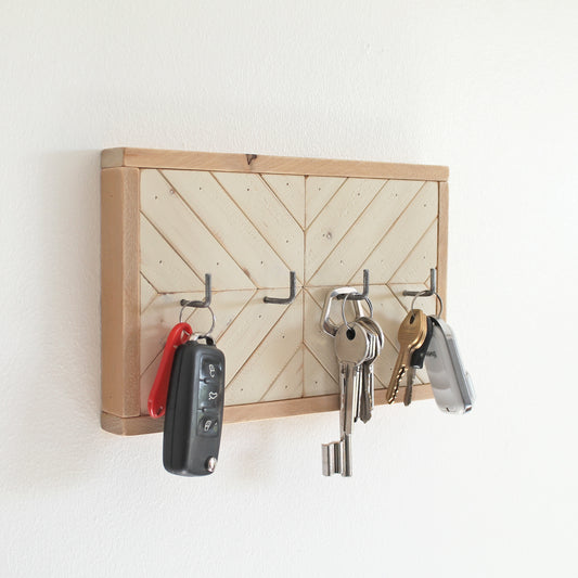 Porte clés rustique moderne en bois blanc ivoire | 4 crochets