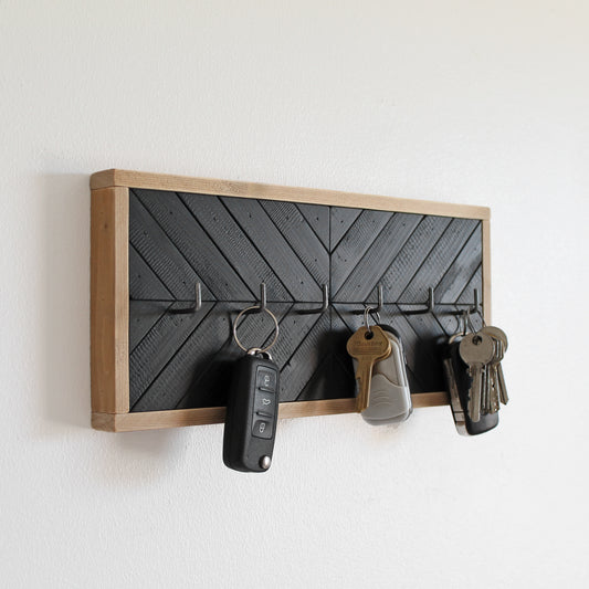 Porte clés rustique moderne en bois noir | 6 crochets