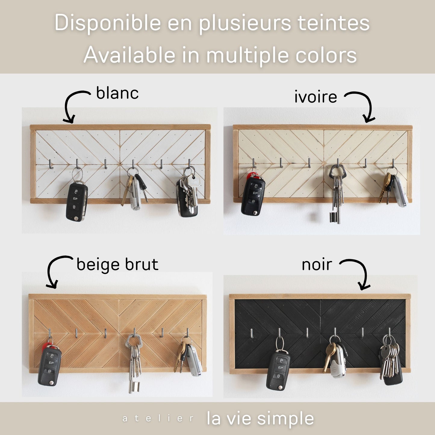 Porte clés rustique moderne en bois blanc | 6 crochets