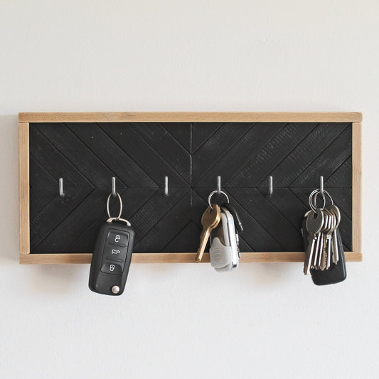 Porte clés rustique moderne en bois noir | 6 crochets